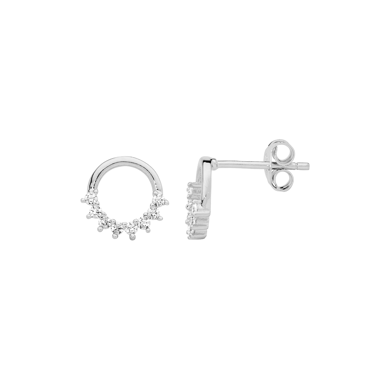 Sterling Silver 9mm open circle earrings, half white cz claw set