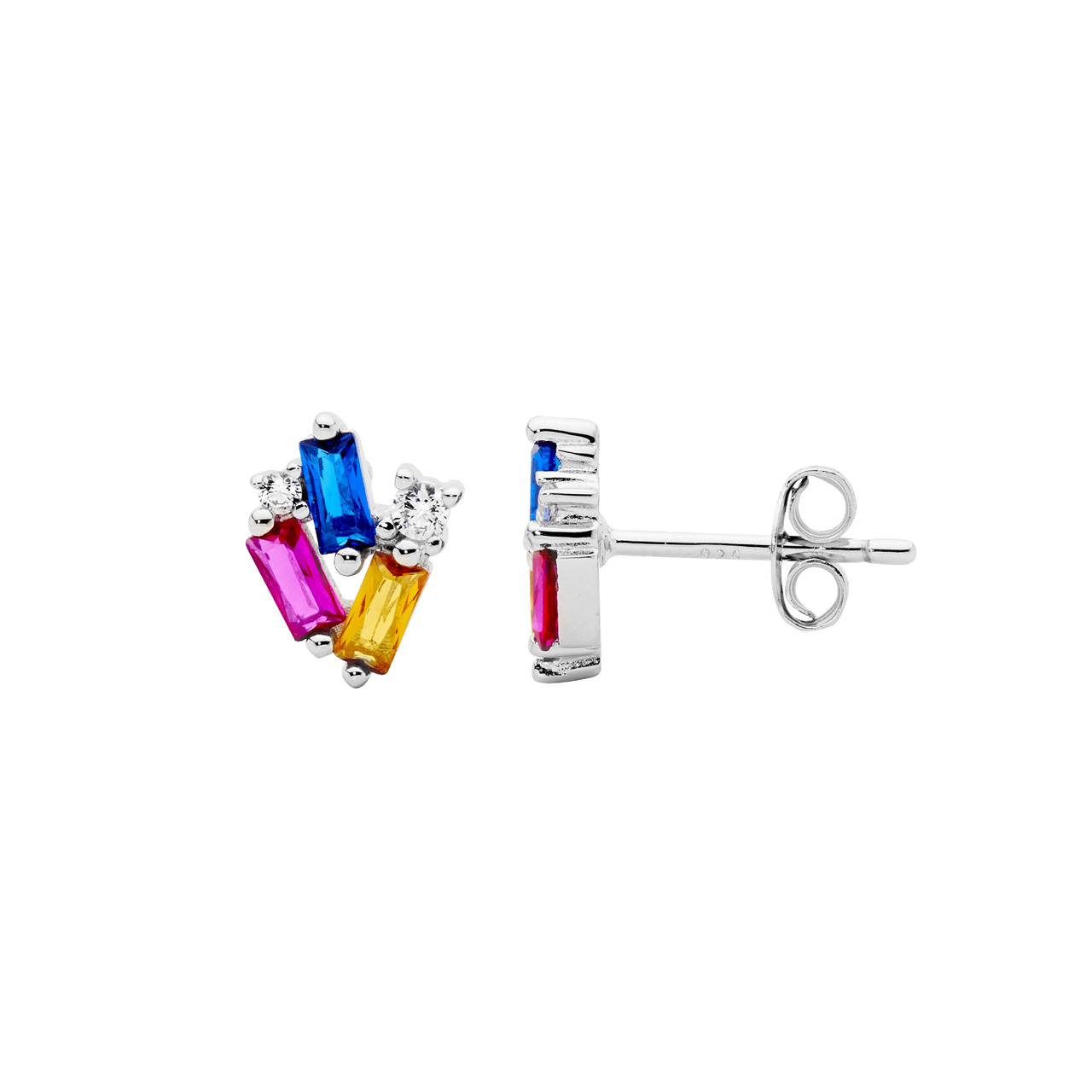 Sterling Silver staggered rnd & baguette multi colour cz earrings