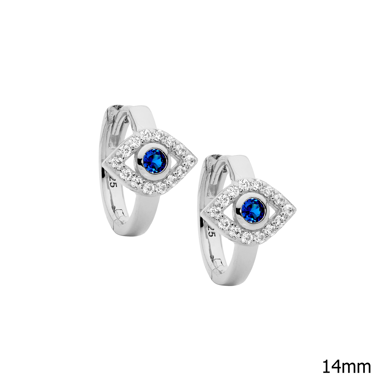 Sterling Silver with & blue cz evil eye 14mm hoop earrings