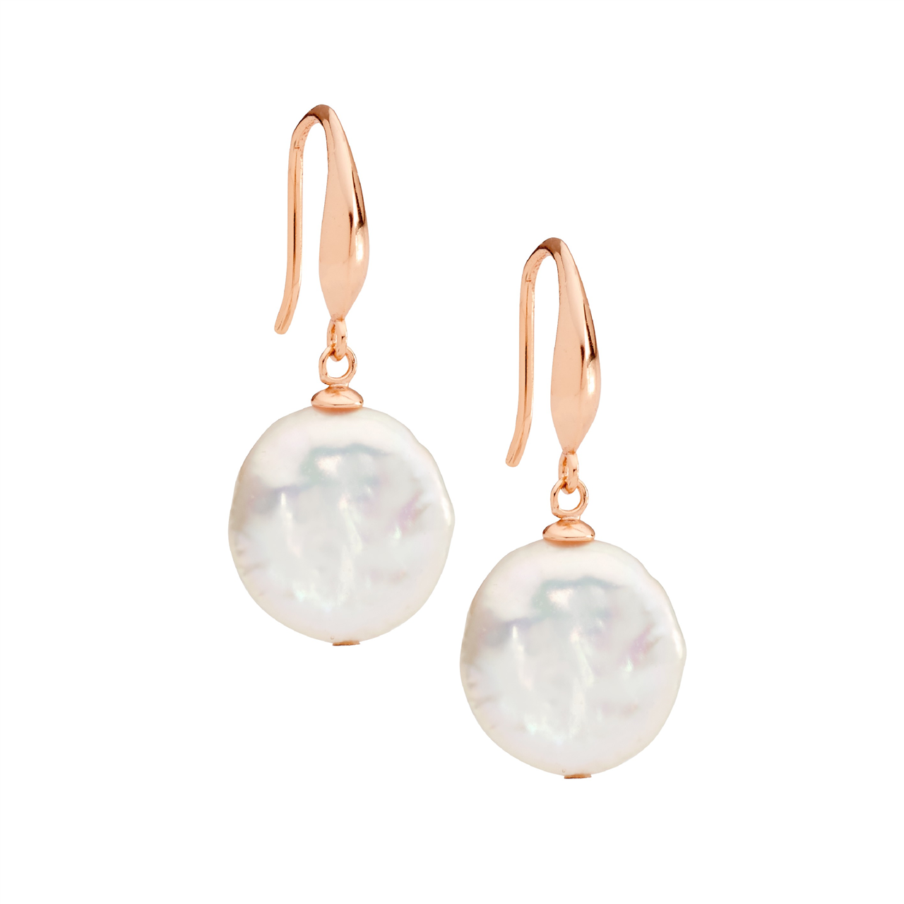 Sterling Silver 12mm freshwater coin pearl earrings, shp hook  with rose gold plating