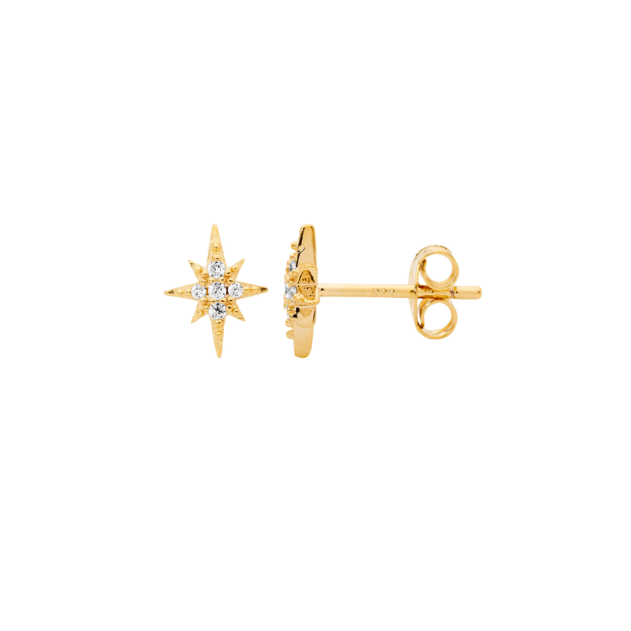 Sterling Silver white cz star stud earrings  with  gold plating