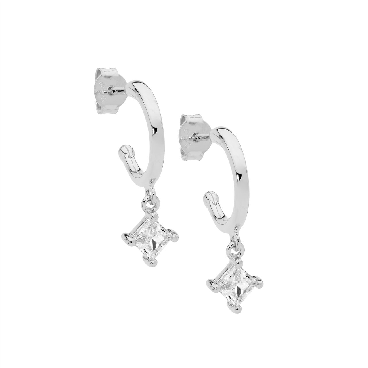 Sterling Silver 13mm hoop earrings, Princess cut white cz drop