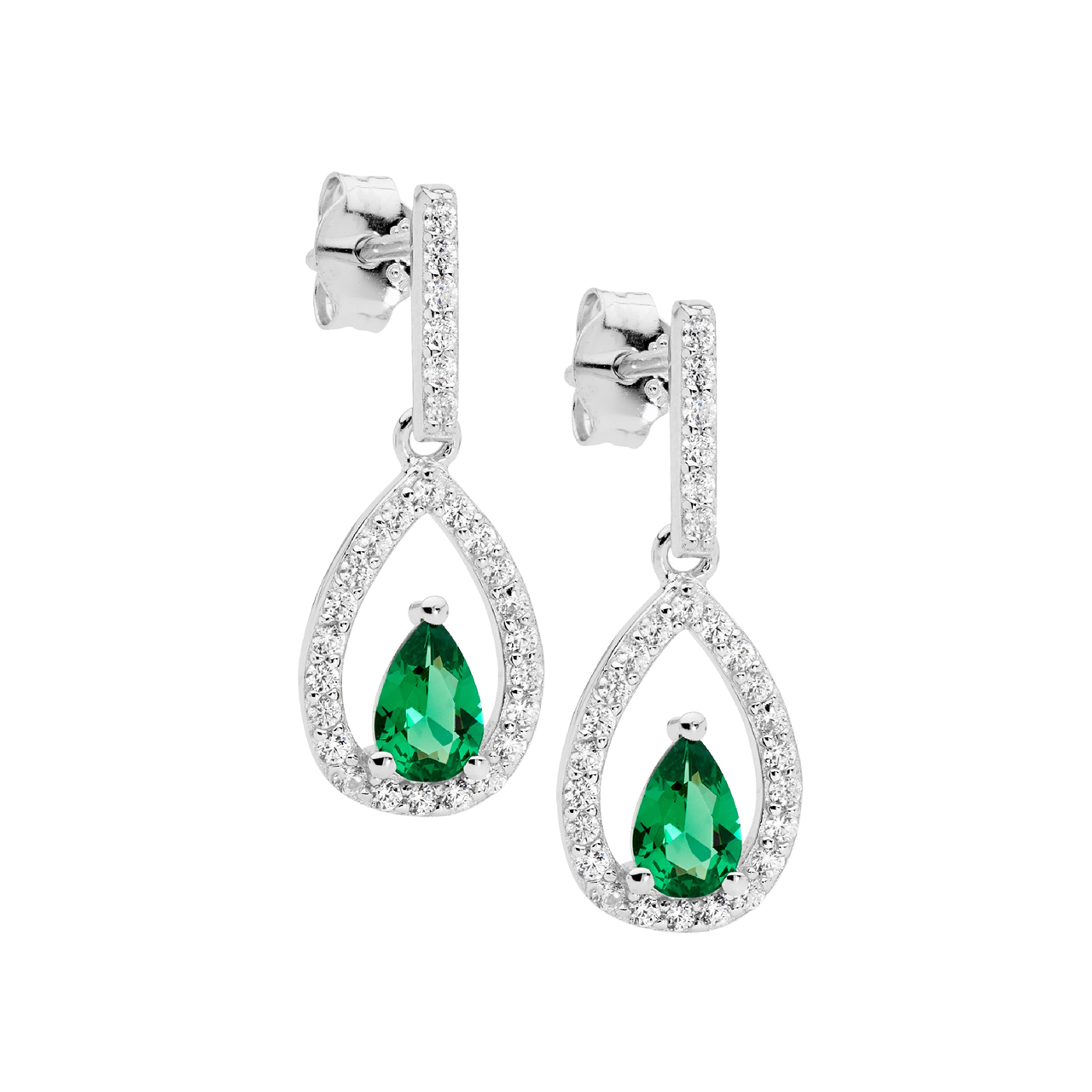 Sterling Silver white cz open pear  with  green pear cz cntr drop earrings