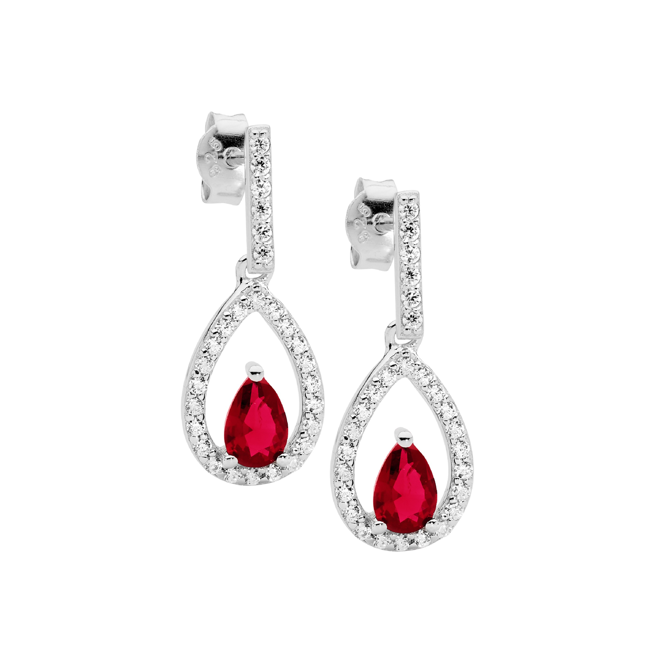 Sterling Silver white cz open pear  with  red pear cz cntr drop earrings