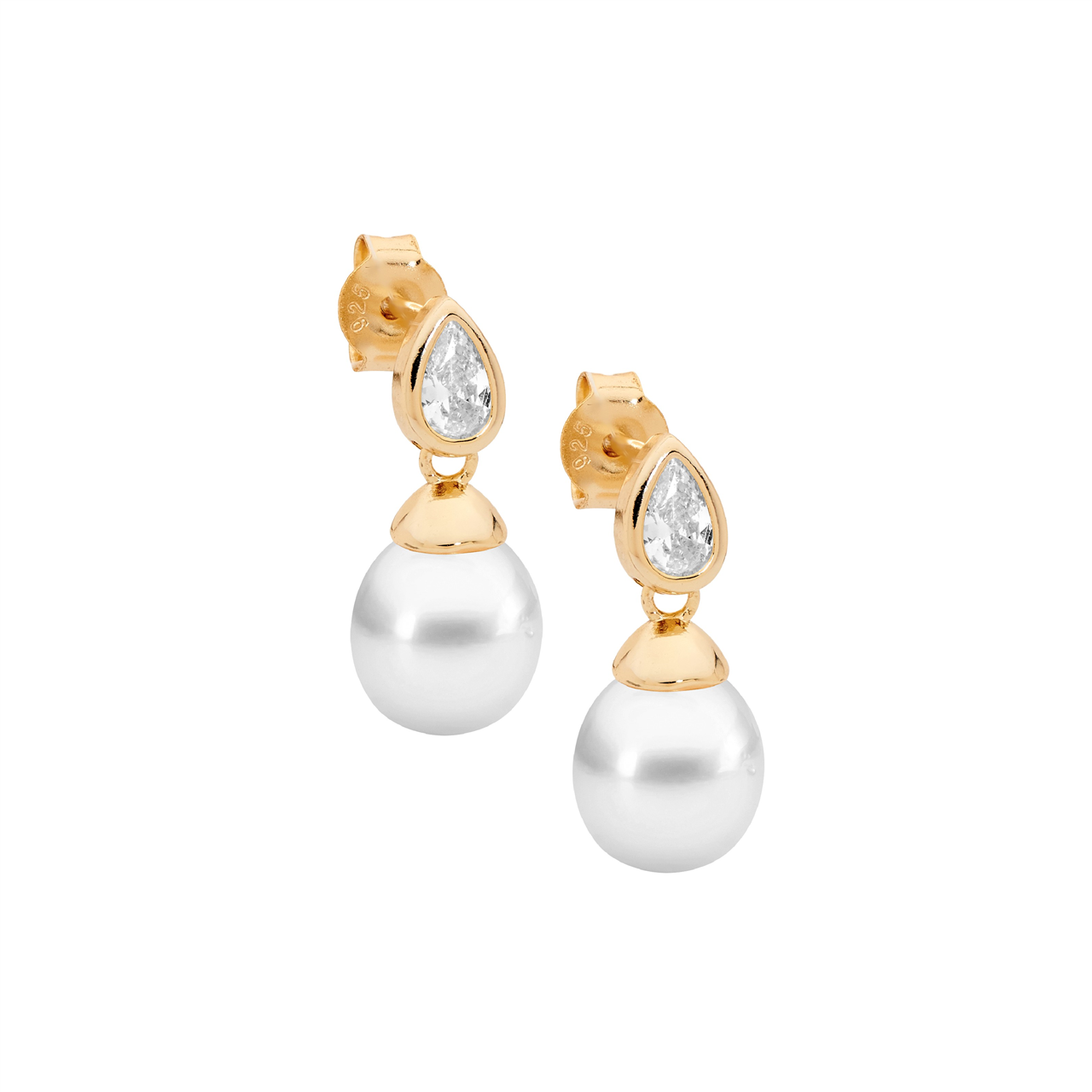 Sterling Silver bezel white cz pear, freshwater pearl earrings  with gold plating