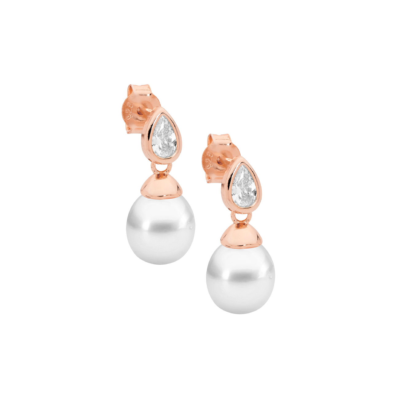 Sterling Silver bezel white cz pear, freshwater pearl earrings  with rose gold plating