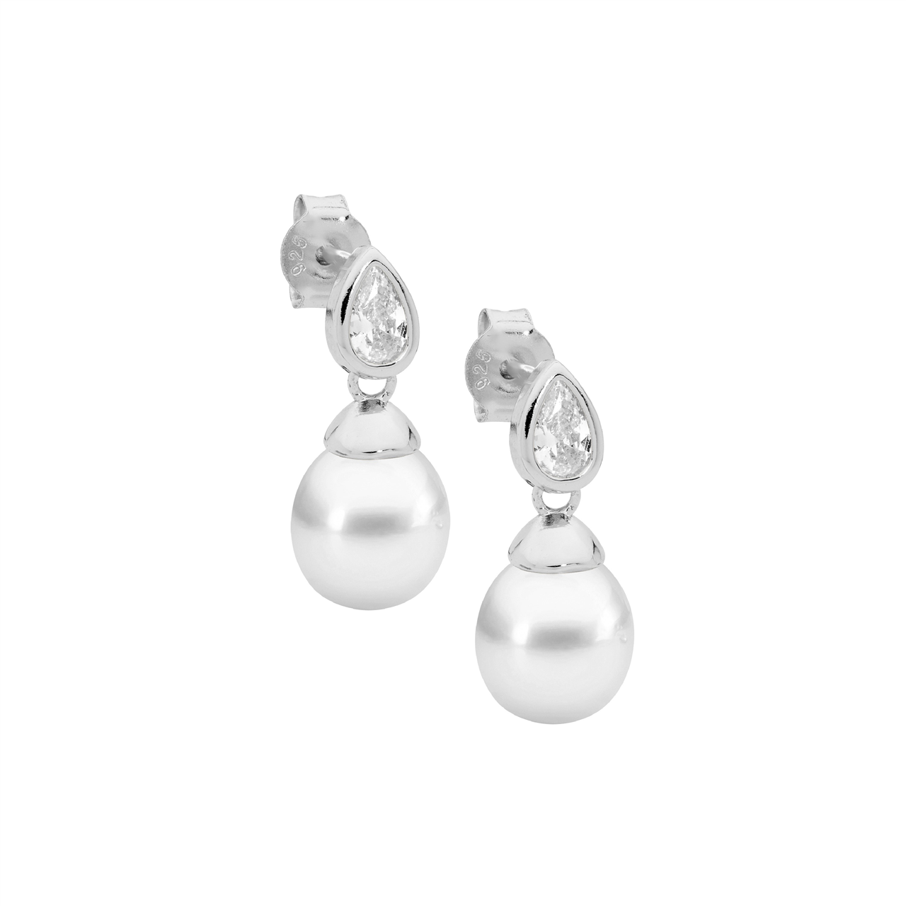 Sterling Silver bezel white cz pear, freshwater pearl earrings