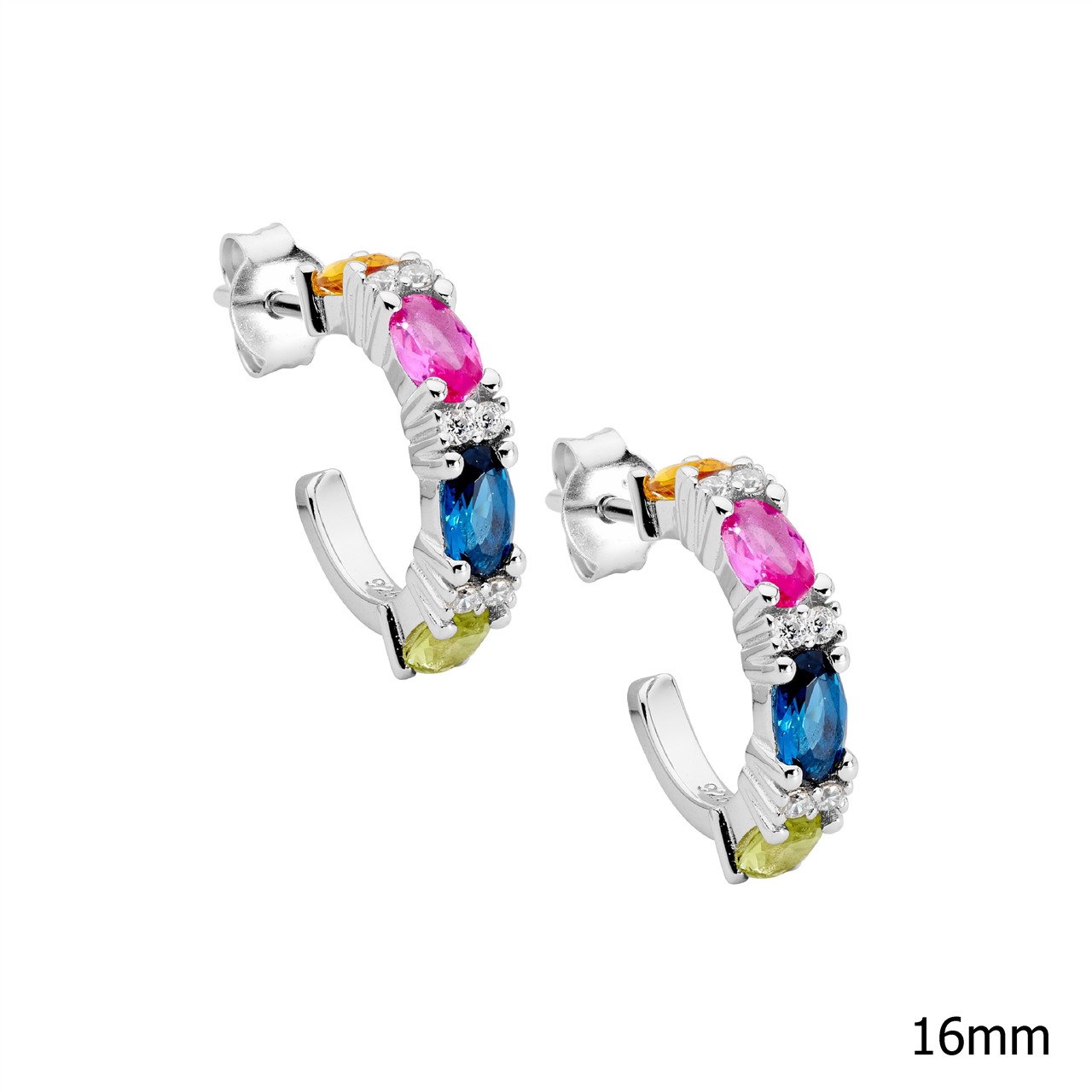 Sterling Silver multi colour oval & with rnd cz 16mm hoop earrings
