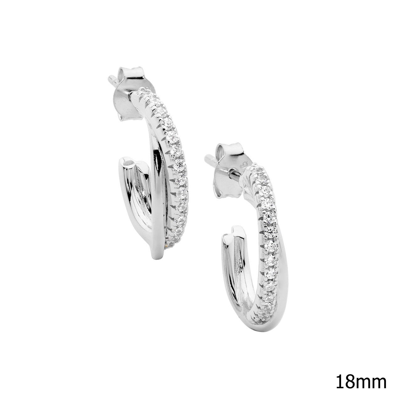 Sterling Silver 18mm cross over oval hoop earrings 1x white cz