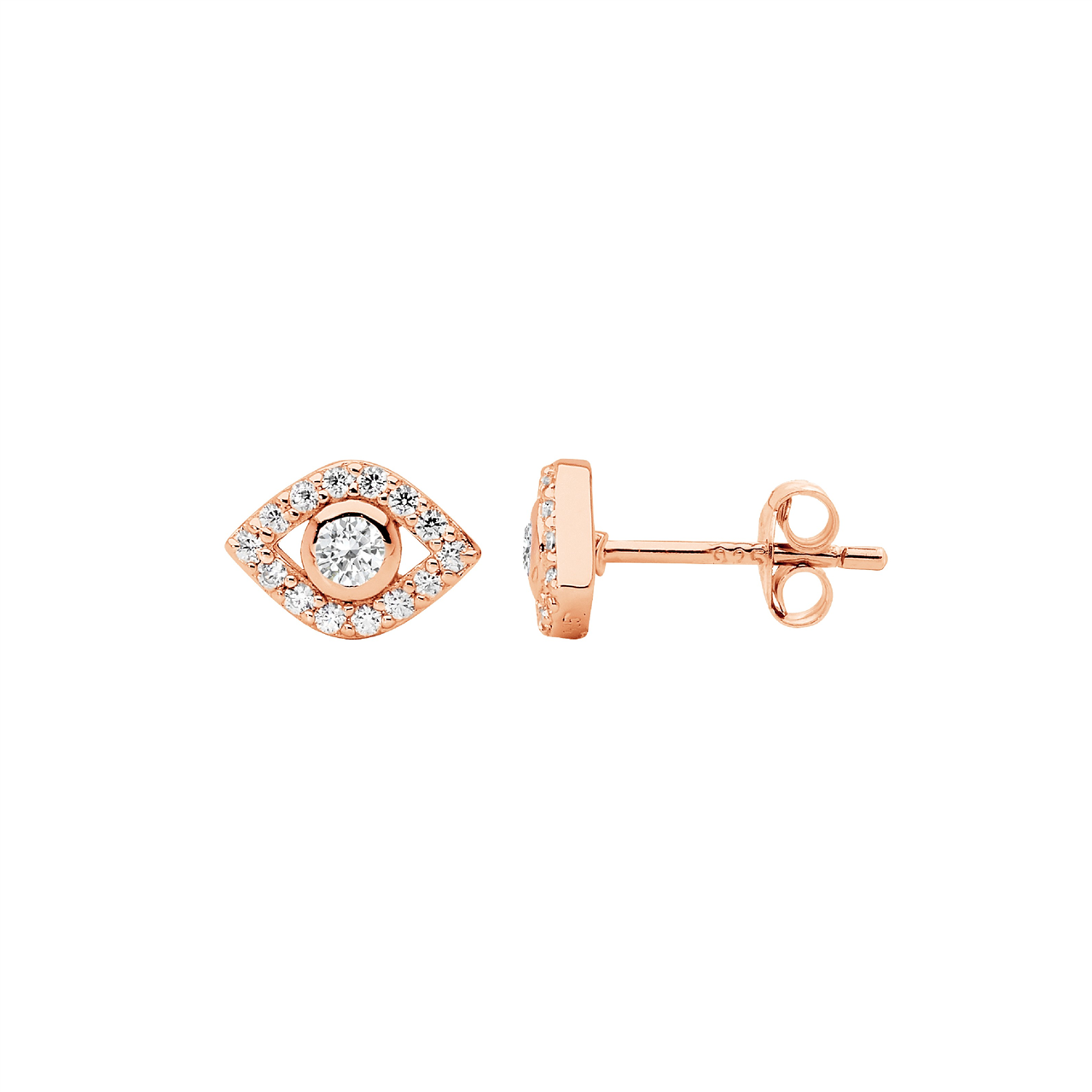 Sterling Silver white cz bezel set evil eye earrings  with rose gold plating