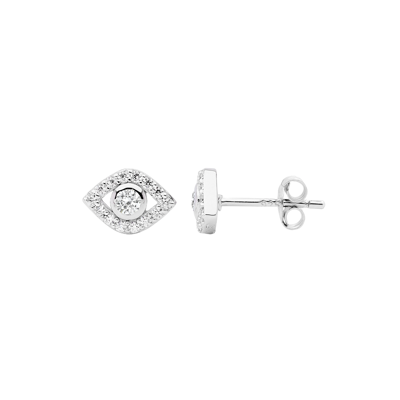 Sterling Silver white cz bezel set evil eye earrings