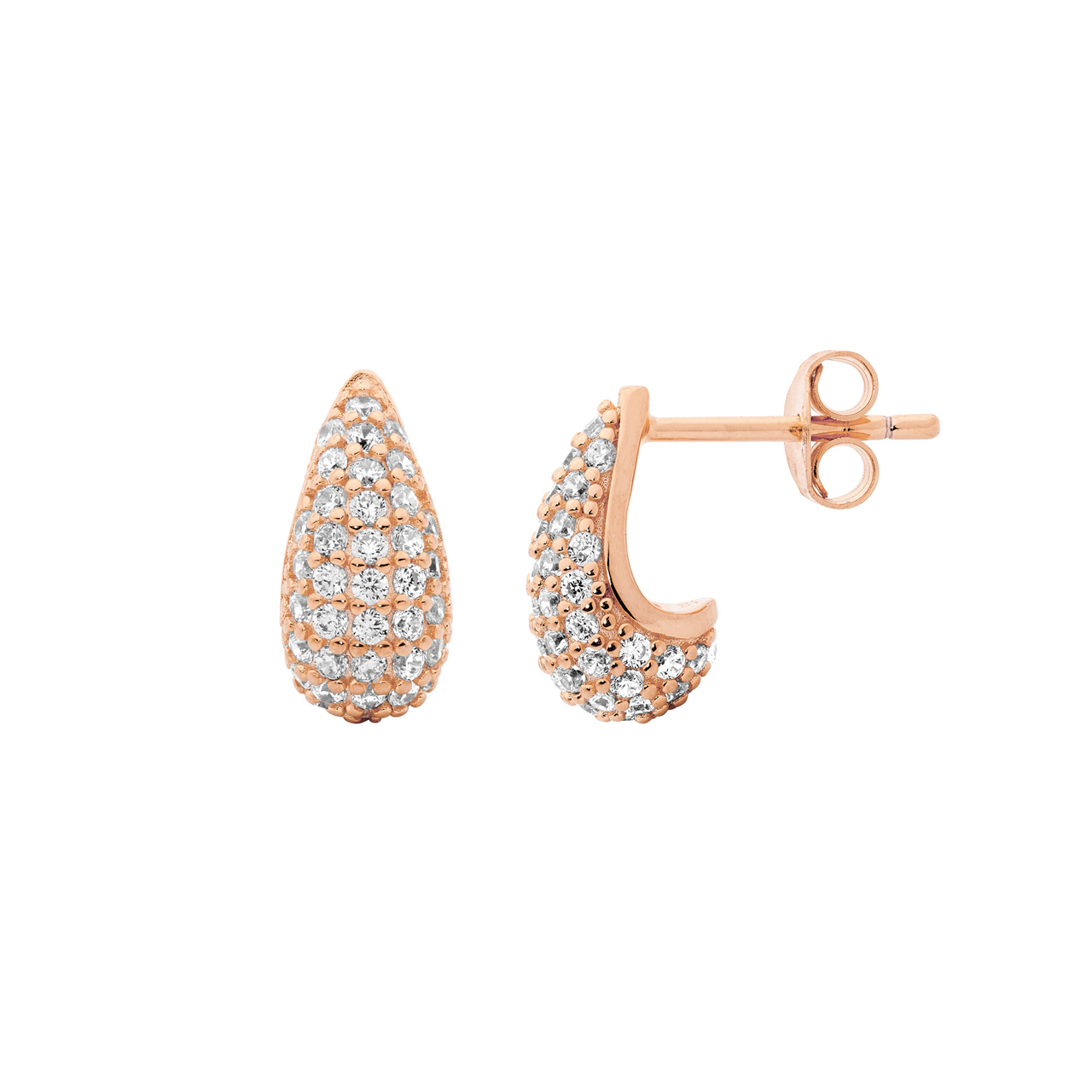 Sterling Silver white cz pave 12mm tear drop earrings  with rose gold plating