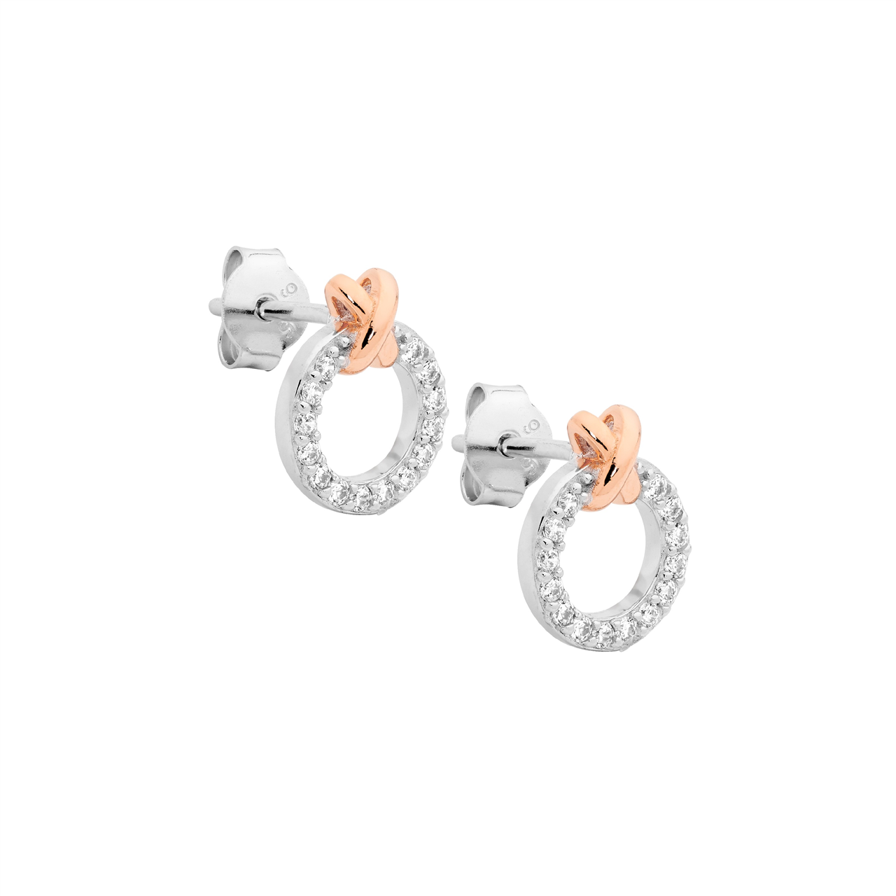 Sterling Silver white cz 9mm circle  with rose gold plated x" earrings