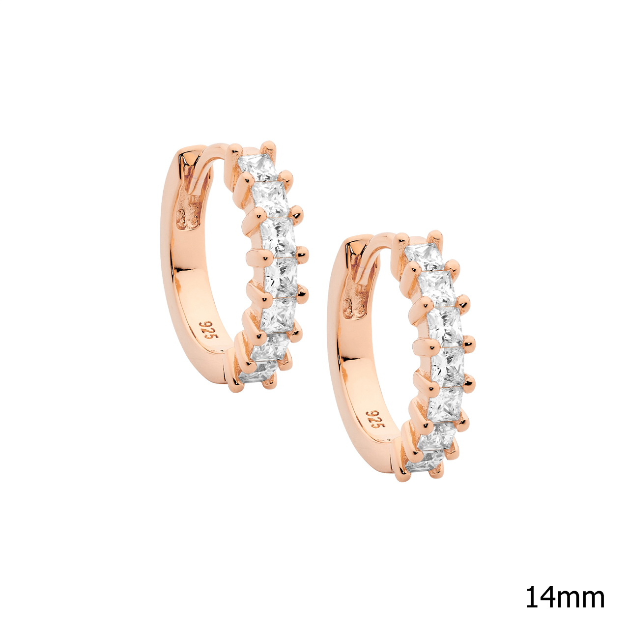 Sterling Silver white cz Princess cut 14mm hoop earrings  with rose gold plating