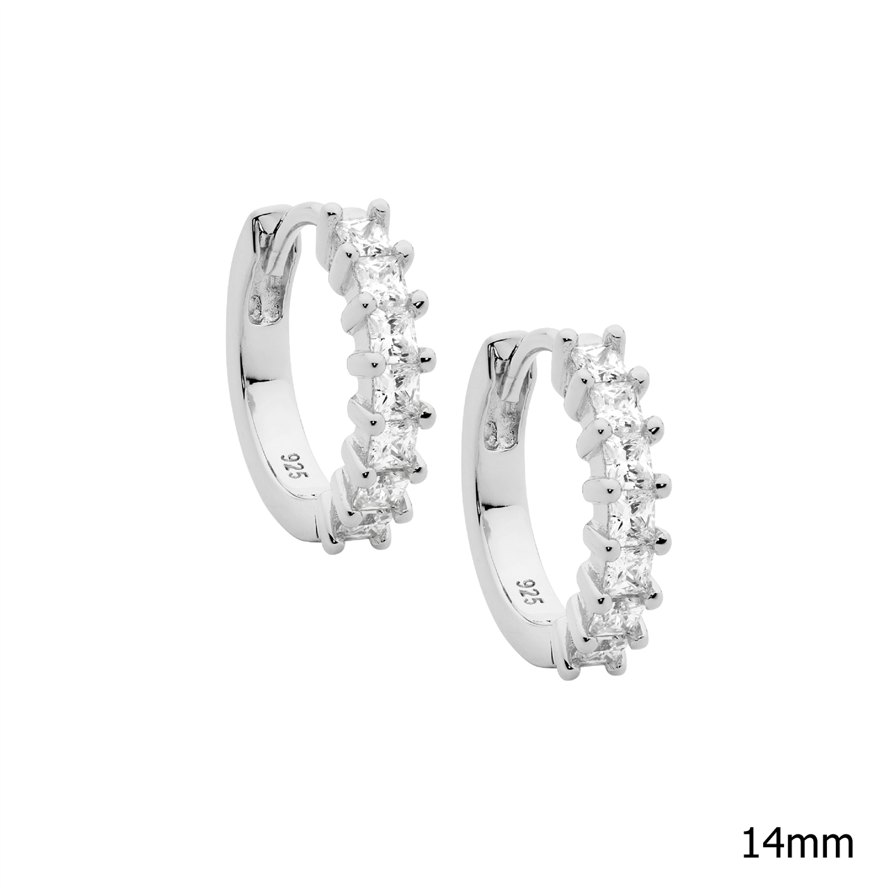 Sterling Silver white cz Princess cut 14mm hoop earrings