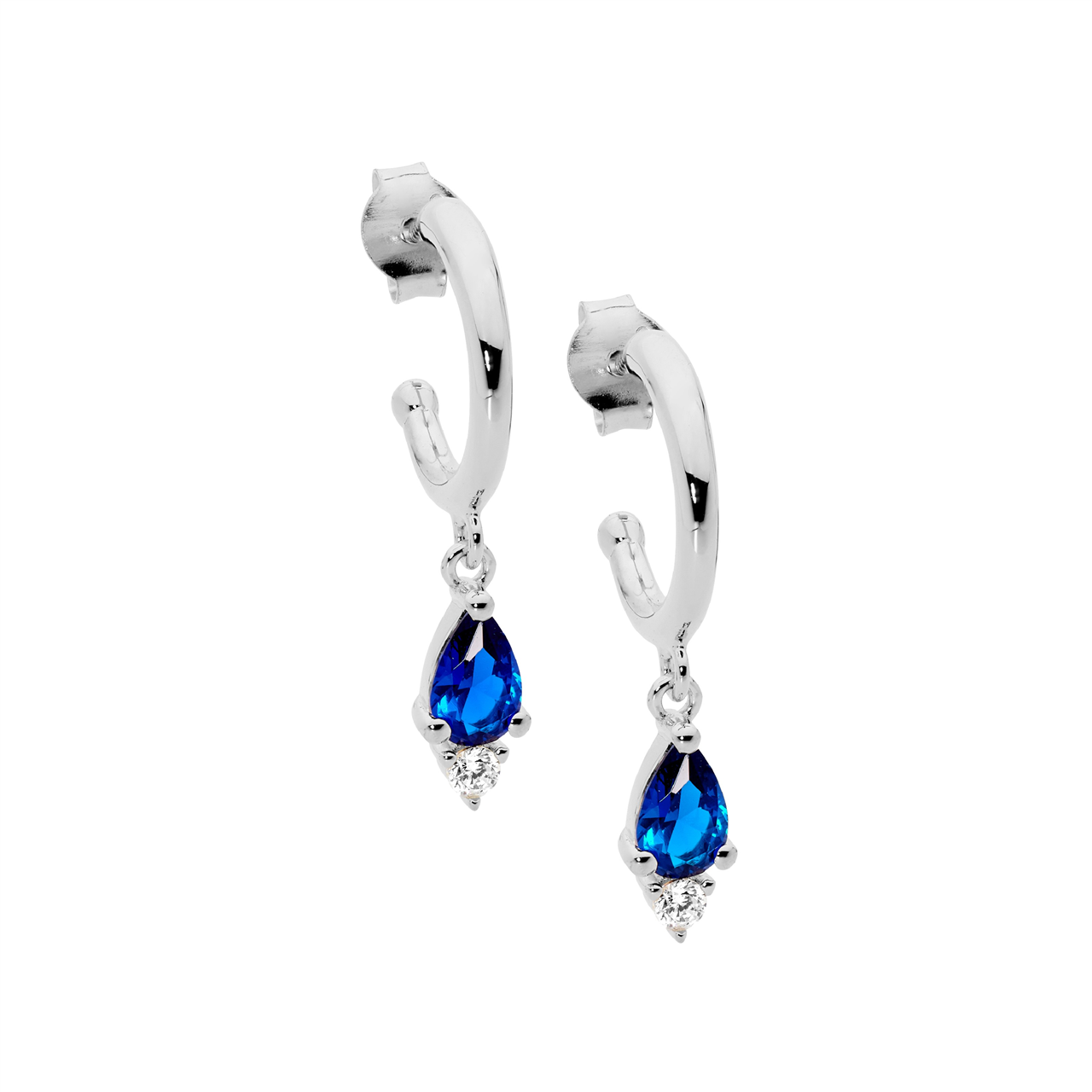 Sterling Silver 13mm hoop earrings, dk blue pear & with rnd cz drop