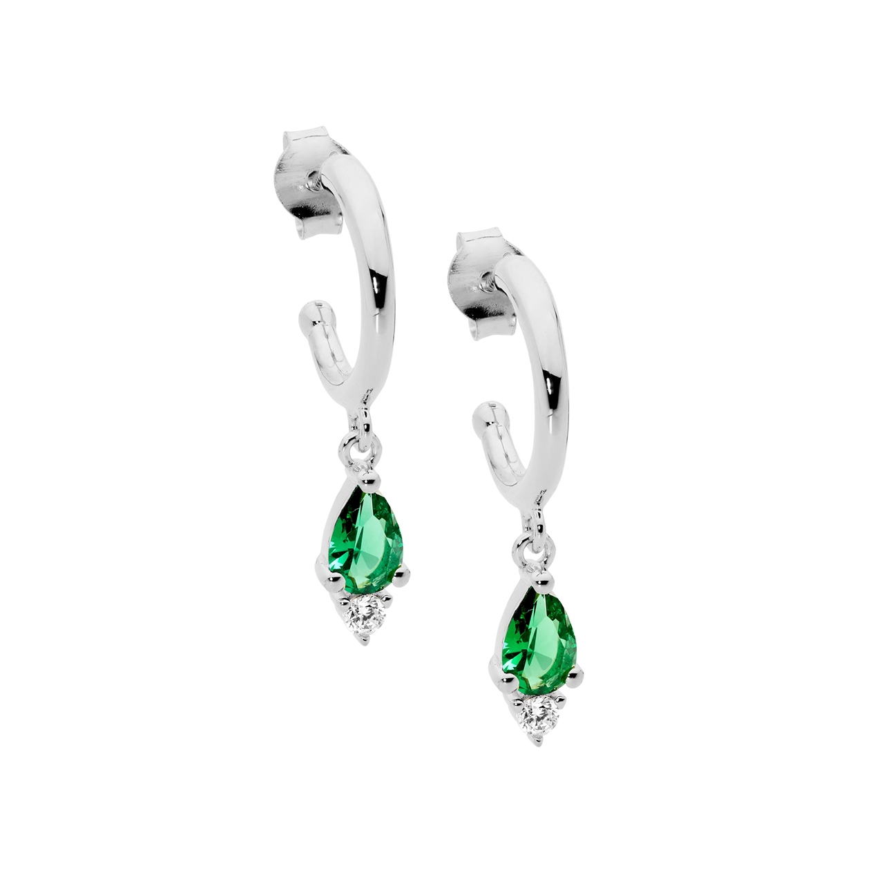 Sterling Silver 13mm hoop earrings, green pear & with rnd cz drop