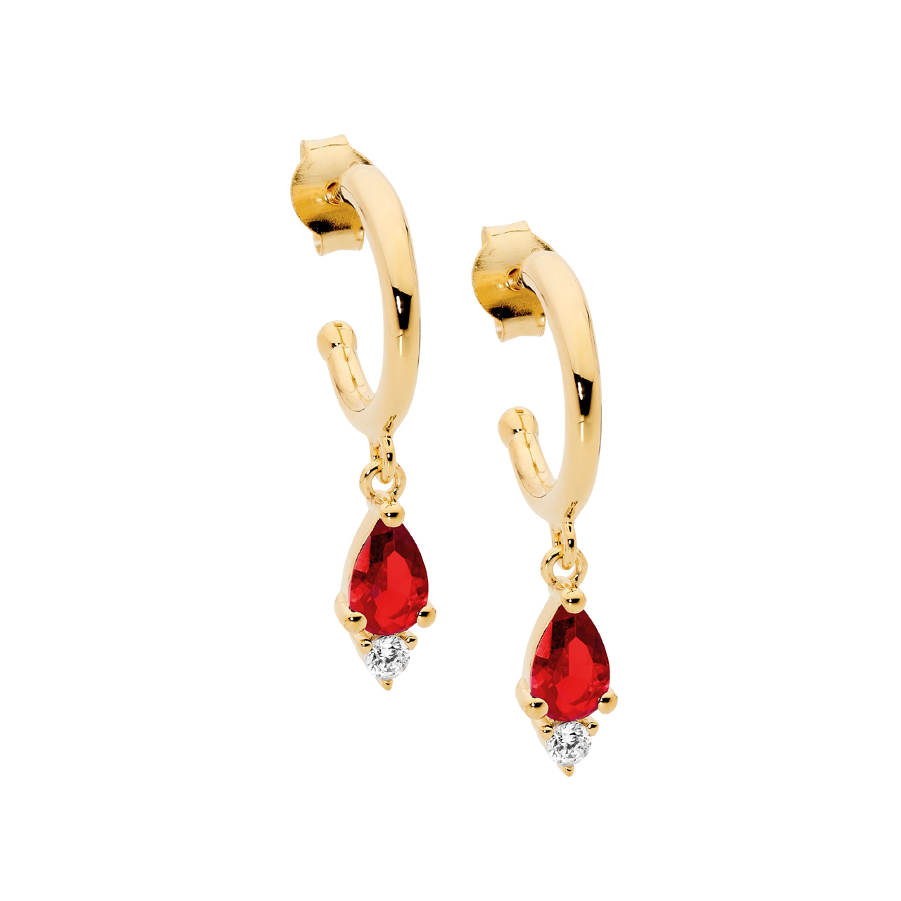 Sterling Silver 13mm hoop earrings, red pear & with rnd cz drop  with gold plating