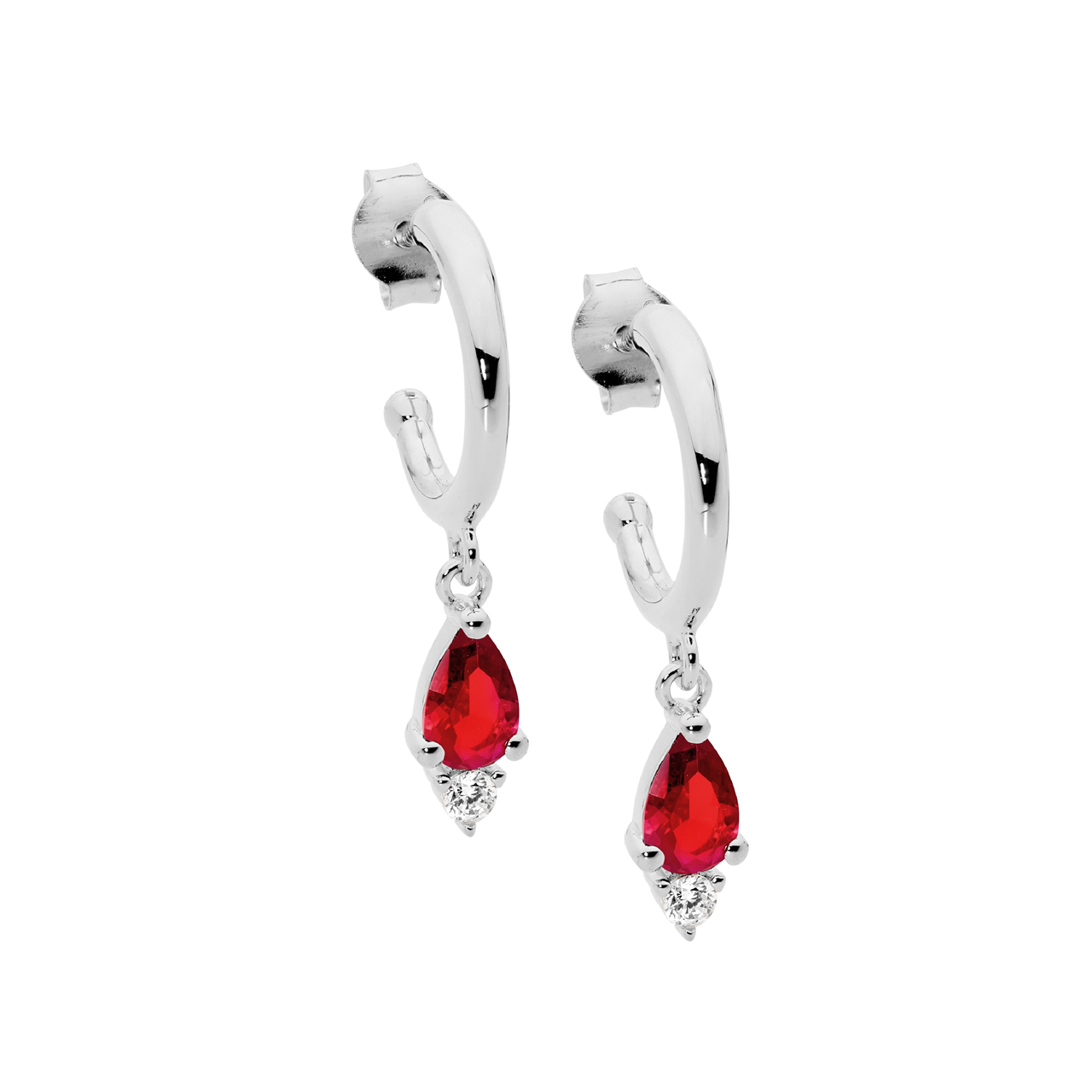 Sterling Silver 13mm hoop earrings, red pear & with rnd cz drop