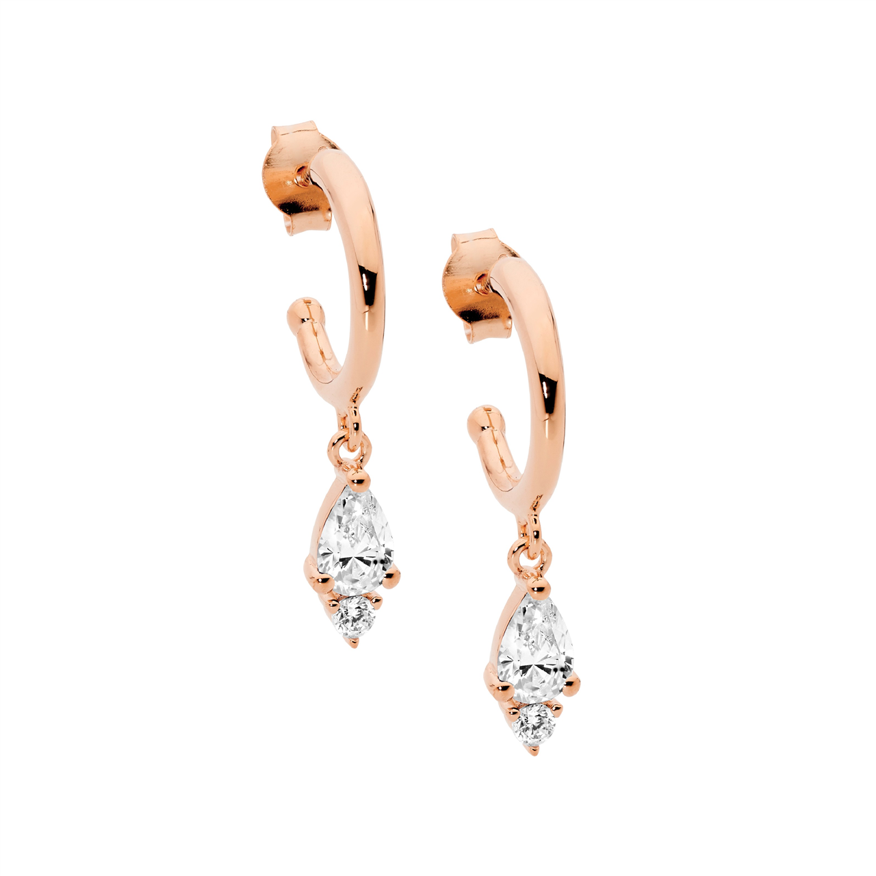 Sterling Silver 13mm hoop earrings, pear & rnd white cz drop  with rose gold plating