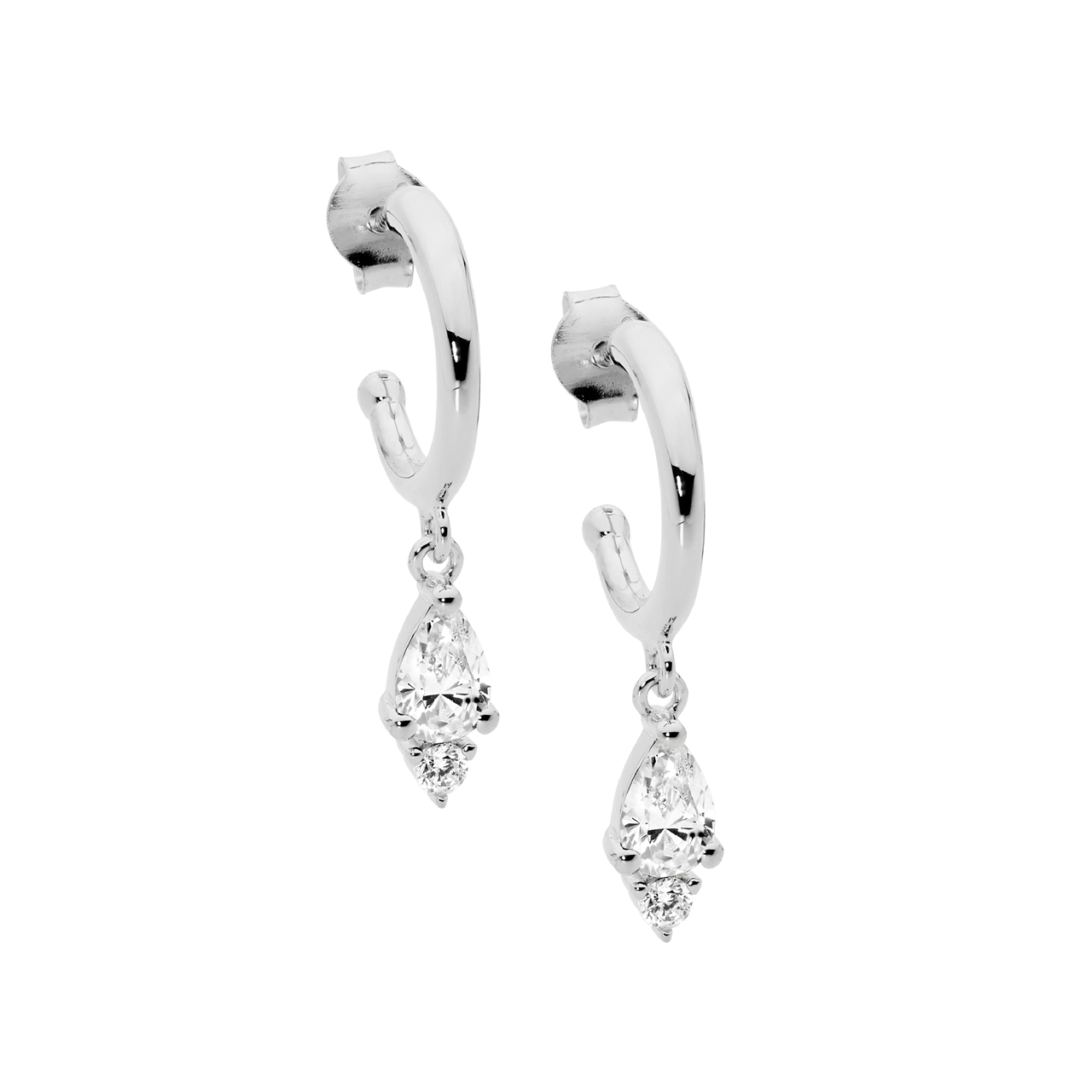 Sterling Silver 13mm hoop earrings, pear & rnd white cz drop