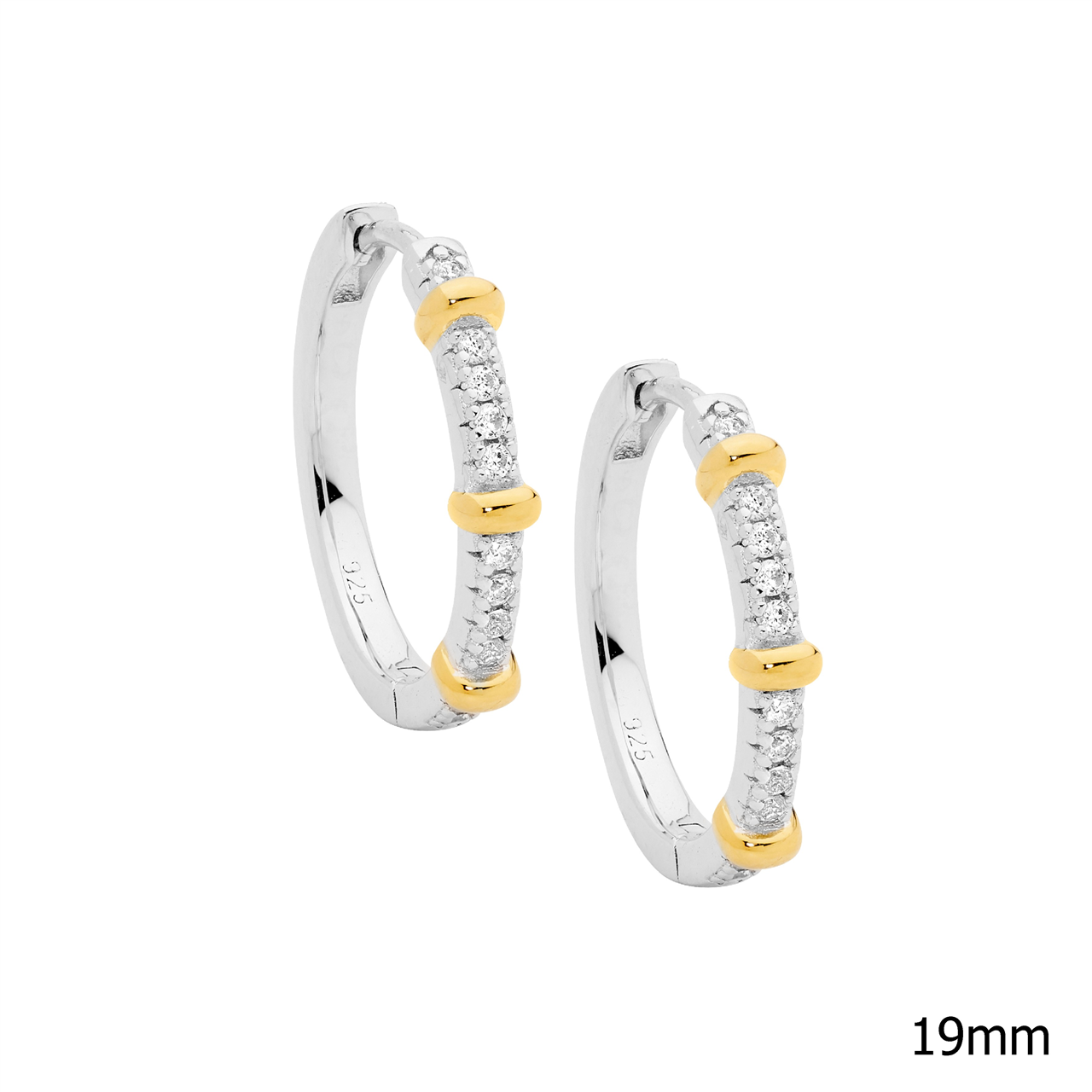 Sterling Silver 19mm white cz hoop earrings  with  3x gold plated bands
