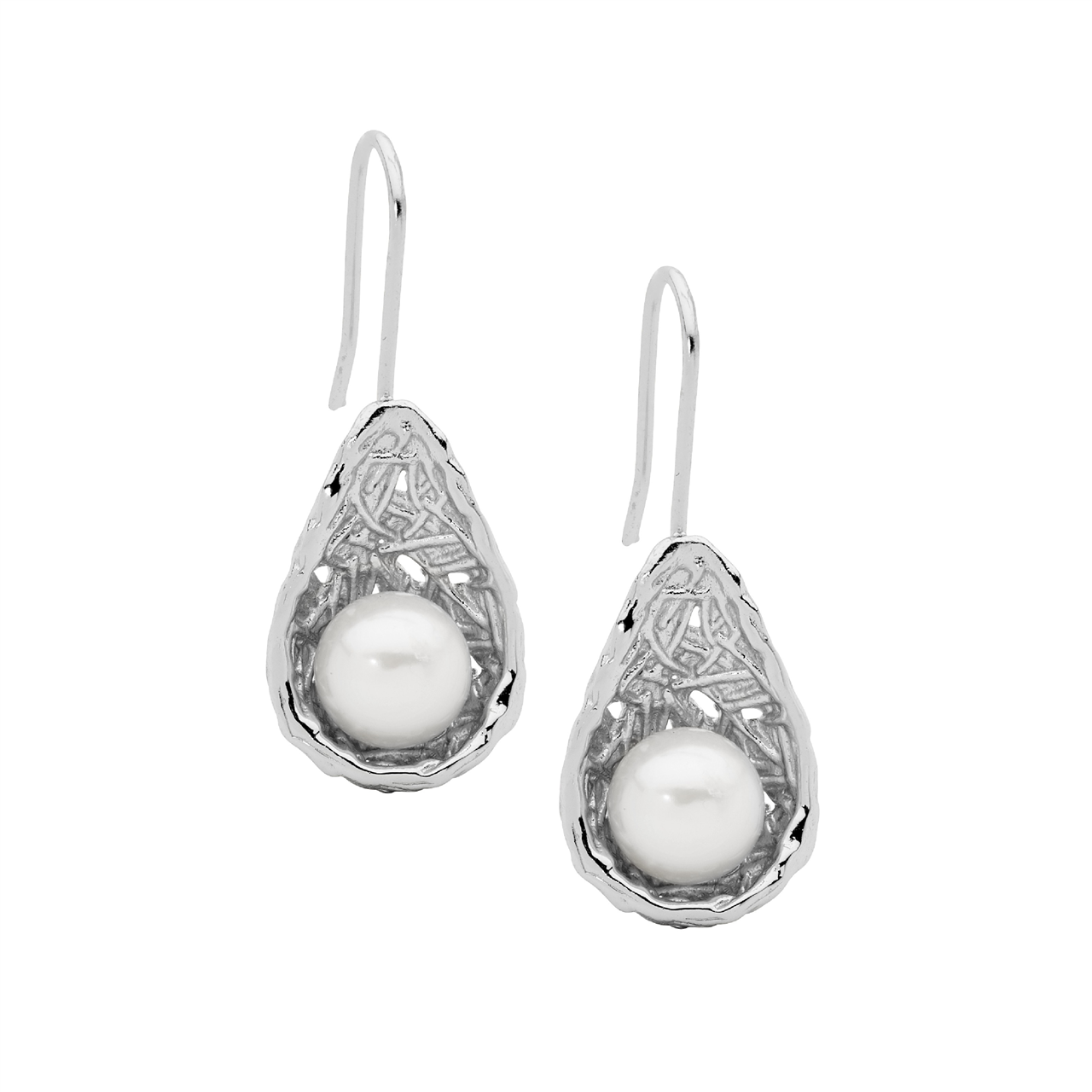 Sterling Silver freshwater pearl in weave basket earrings