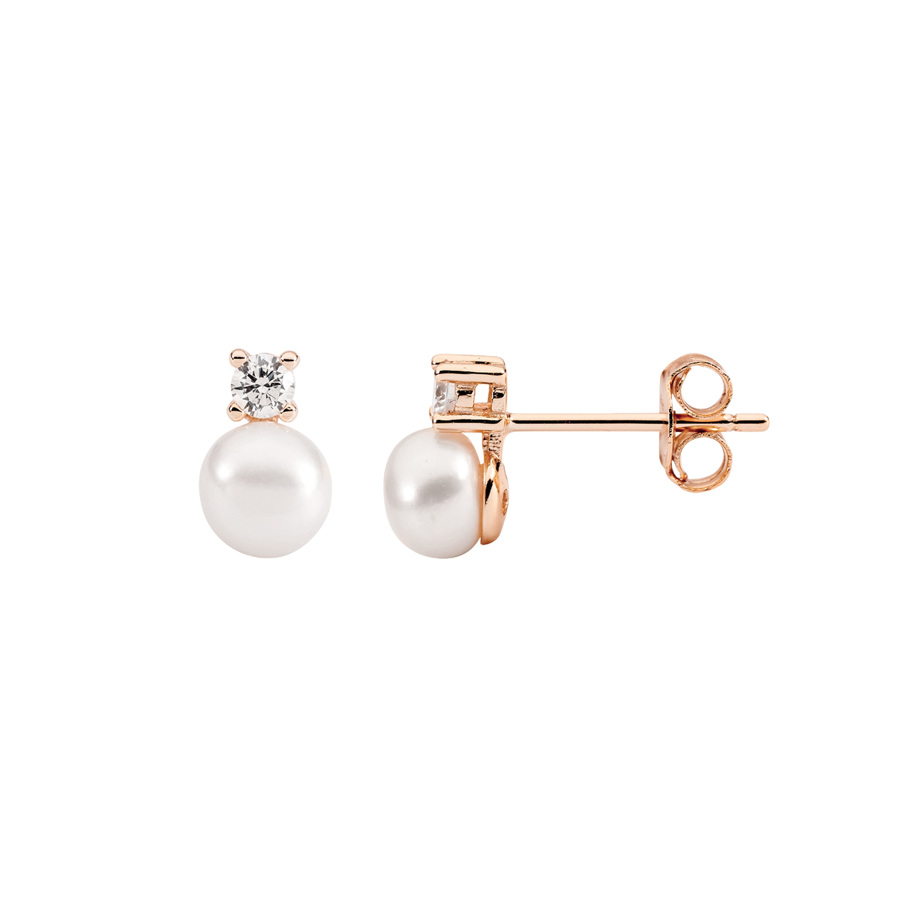 Sterling Silver 2.5mm claw set white cz, 5mm freshwater pearl earrings  with  rose gold plating