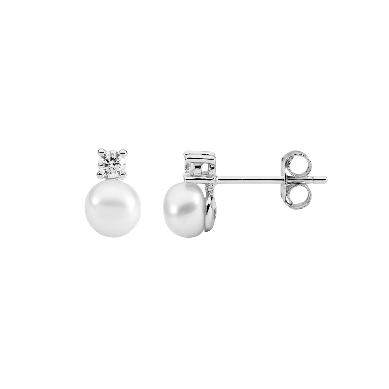 Sterling Silver 2.5mm claw set white cz, 5mm freshwater pearl earrings