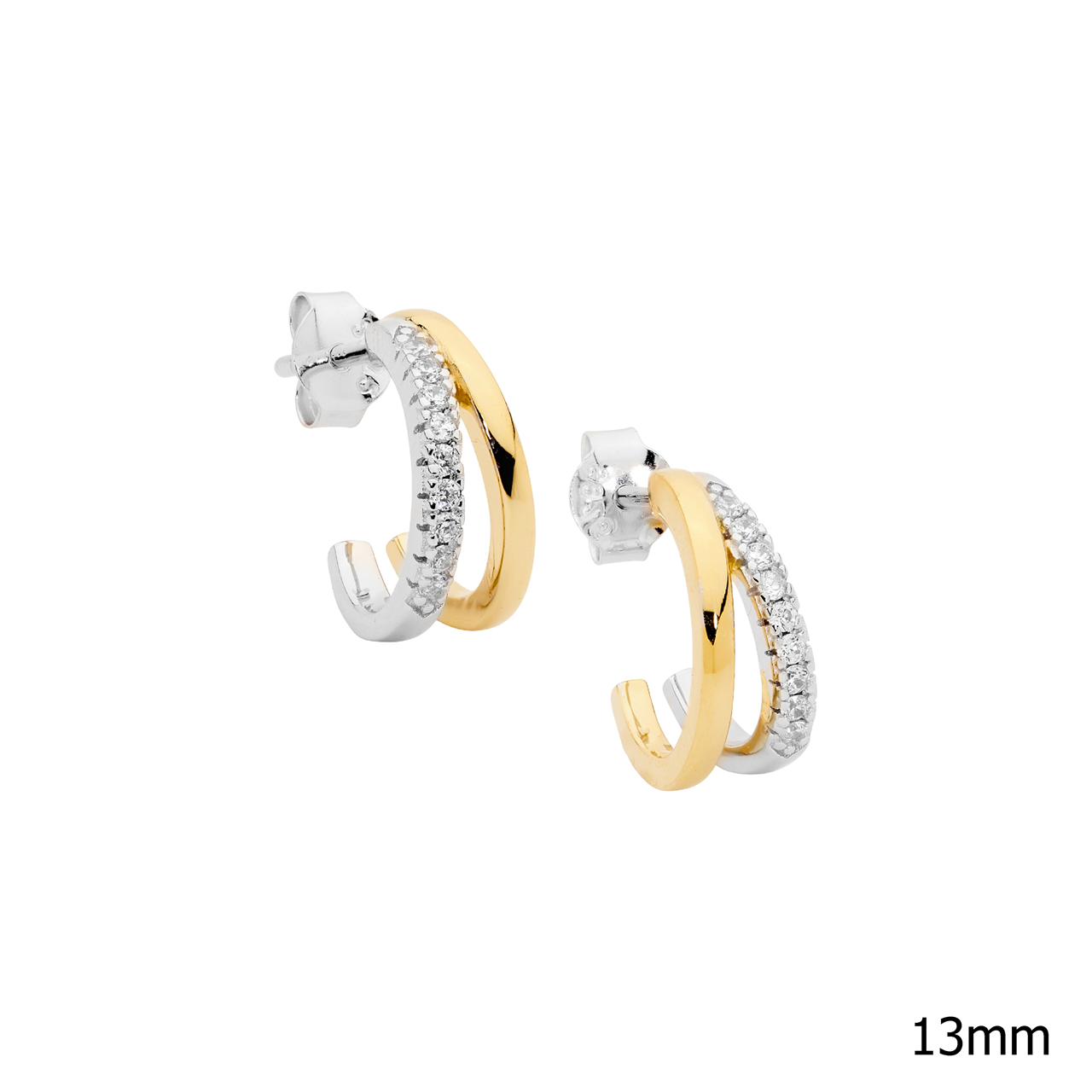 Sterling Silver 13mm dble split hoop earrings, 1 hoop white cz  with gold plating
