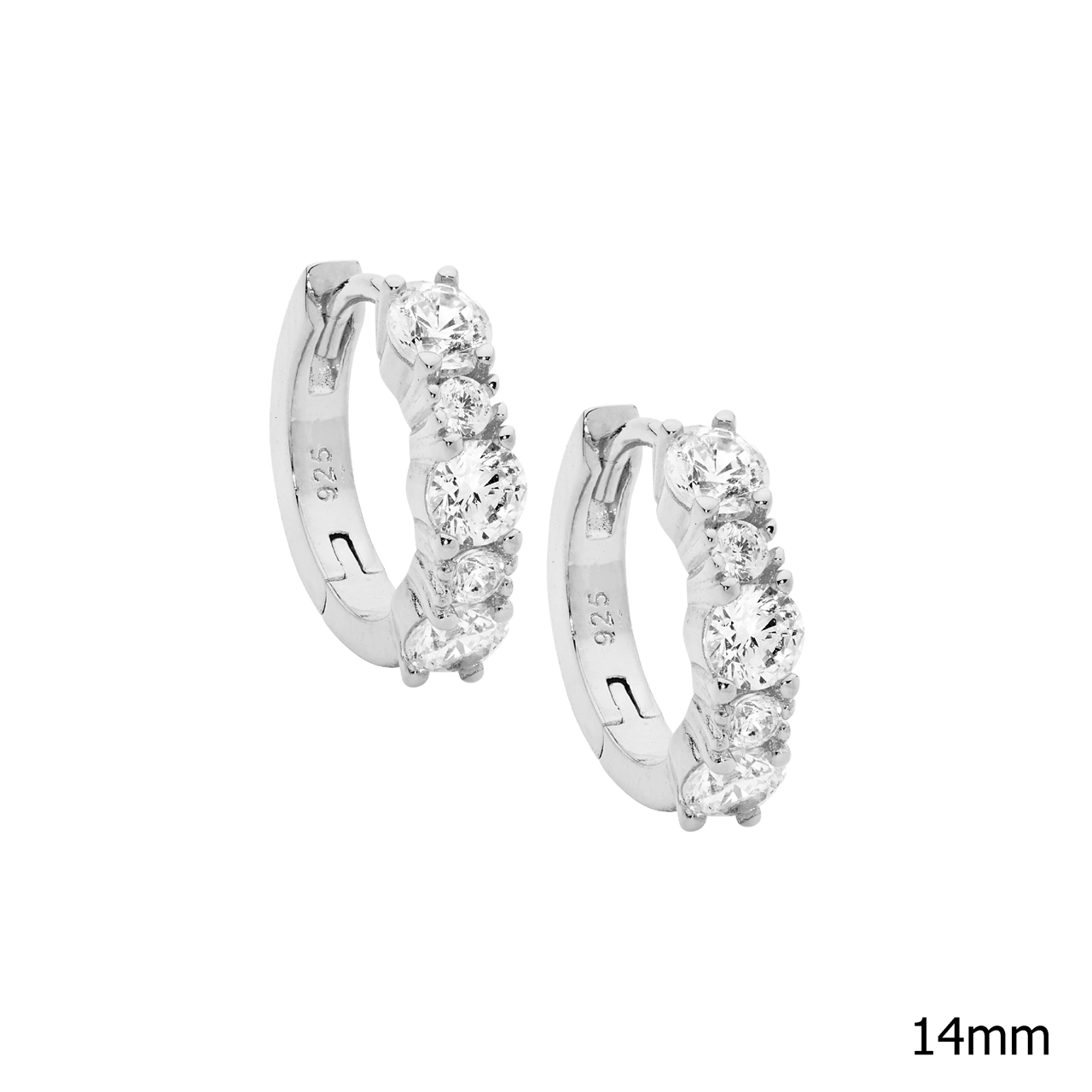 Sterling Silver 14mm hoop earrings  with  2 & 3.5mm white cz
