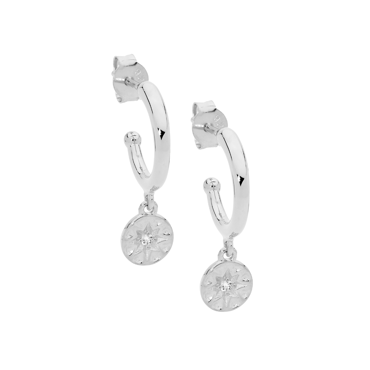 Sterling Silver 13mm hoop earrings, white cz star disk