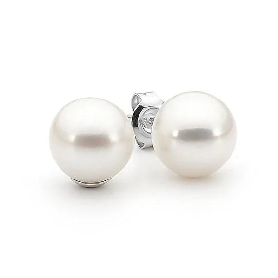 STERLING SILVER WHITE FRESH WATER PEARL 9.5-10MM ROUND STUDS