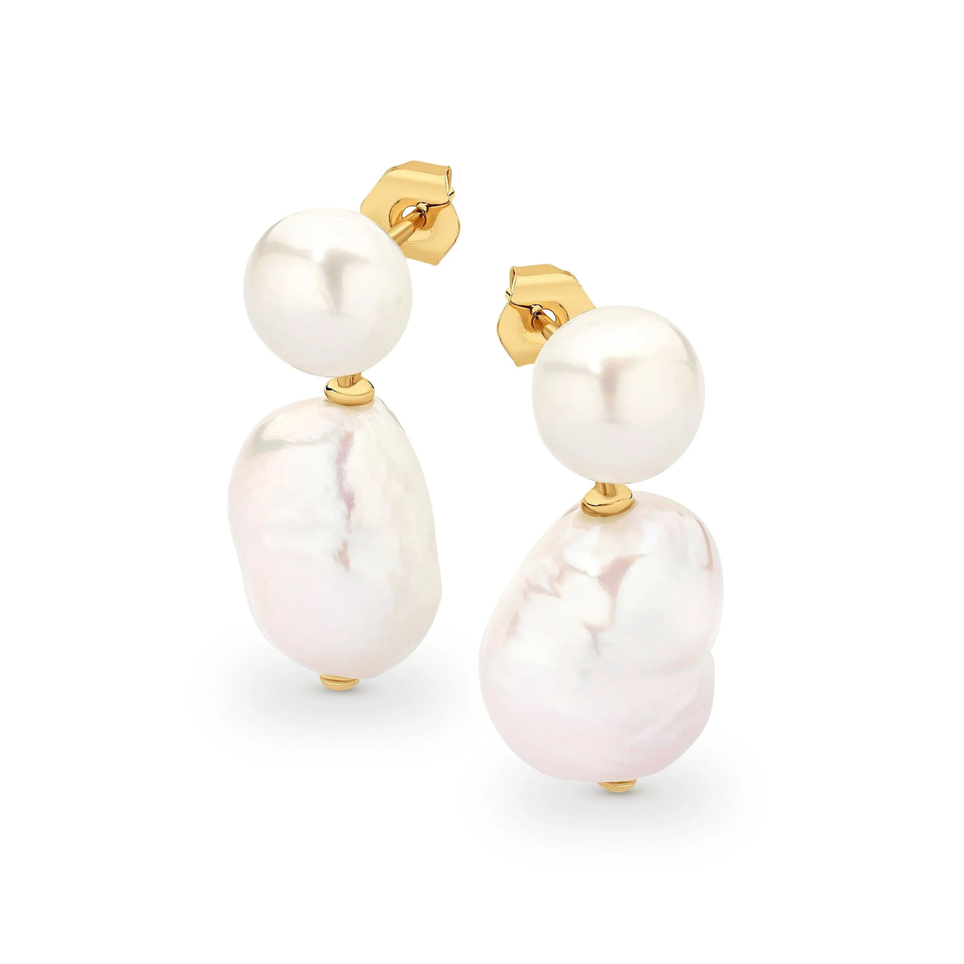 9ct yellow gold white baroque/ button 7mm + 10mm Fresh Water Pearl studs. From Ikecho: