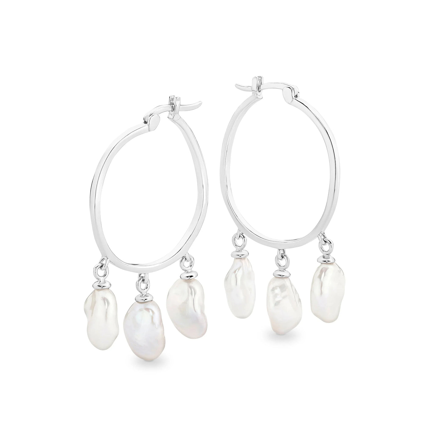 Sterling Silver White 8-9mm keshi Fresh Water Pearl hoop earrings.