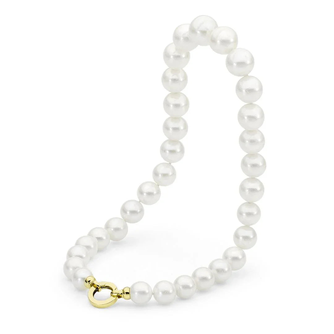 IKECHO WHITE EDISON NUCLEATED NEAR ROUND 11-15MM FRESHWATER PEARL STRAND WITH 9CT YELLOW GOLD CLASP