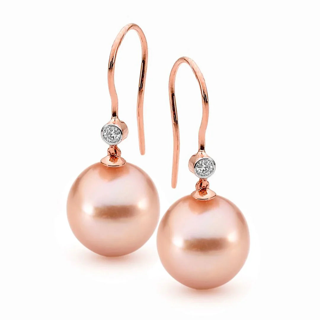 9CT ROSE GOLD PINK EDISON ROUND 10-11MM DIAMOND SHEPPARD HOOK 0.08CT EARRINGS