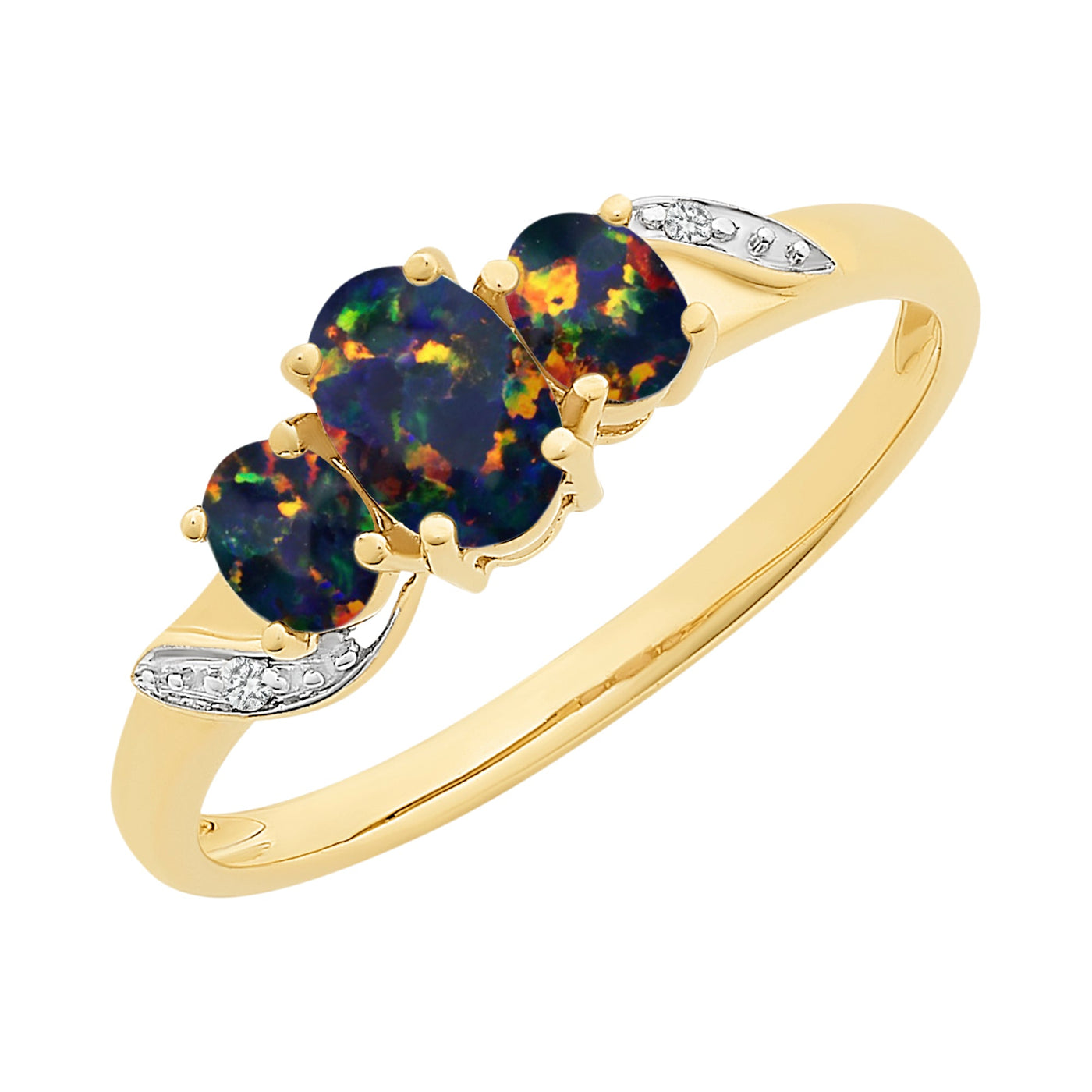 9ct Yellow Gold lab grown  opal & Diamond ring