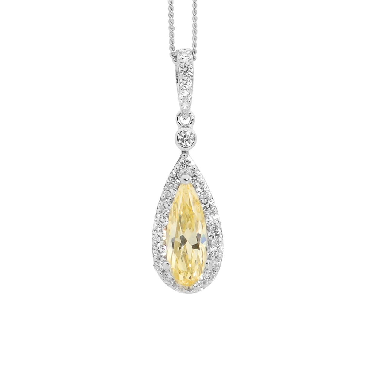 Sterling Silver Citrine CZ Drop Pear  with  White CZ Surround Pendant