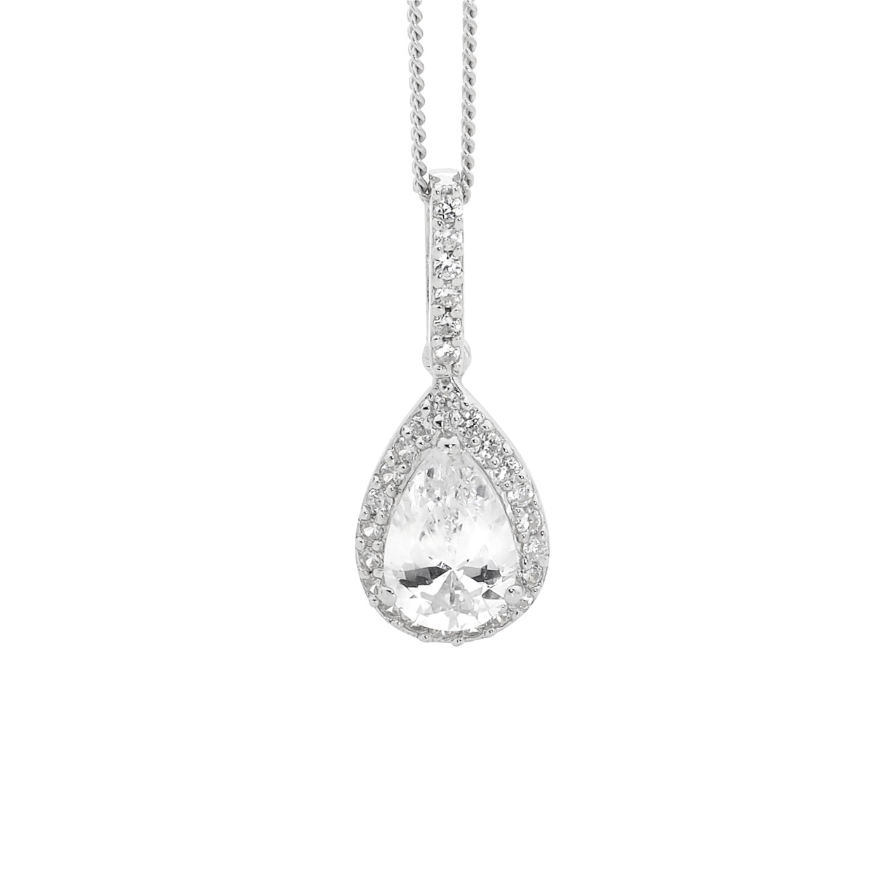 Sterling Silver White CZ Pear Drop Pendant  with  cz surround