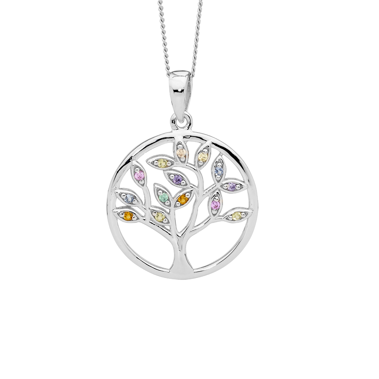 Sterling Silver multi colour cz tree of life pendant