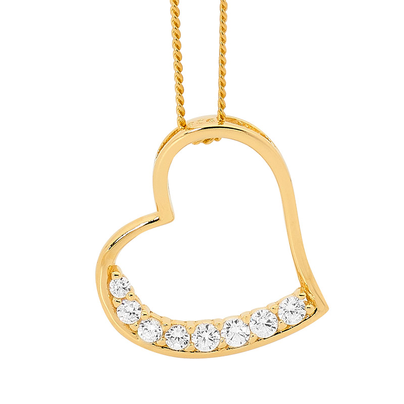 Sterling Silver Heart Pendant  with  8 x White CZ & Gold Plating