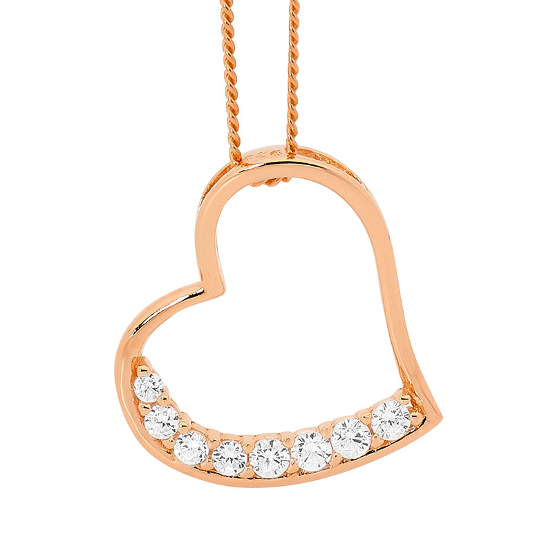 Sterling Silver Heart Pendant  with  8 x White CZ & Rose Gold Plating