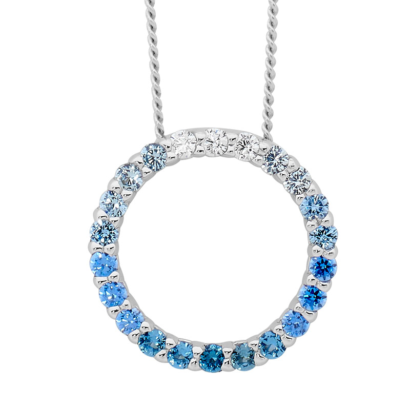 Sterling Silver 15MM OPEN CIRCLE PEDANT  with OMBRE WHITE & BLUE CZ
