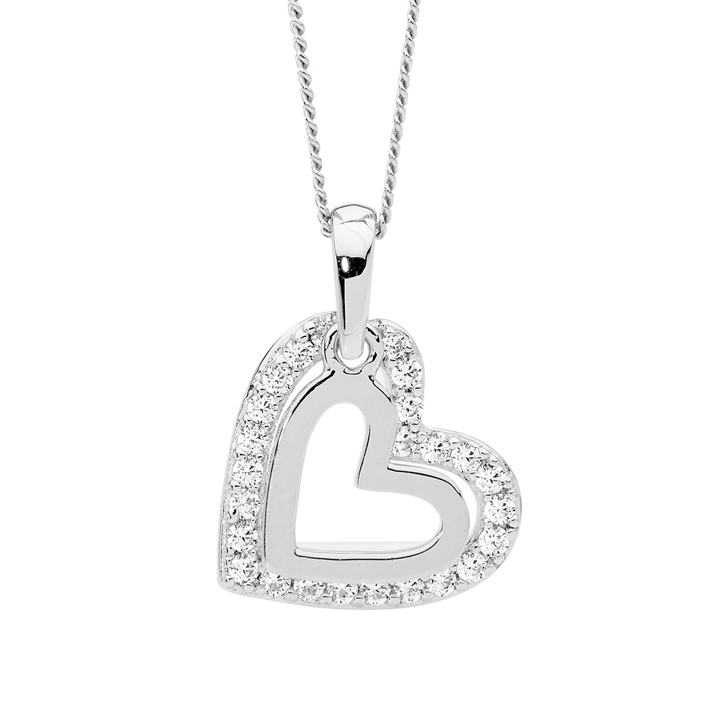 Sterling Silver 14mm White CZ & plain double heart pendant