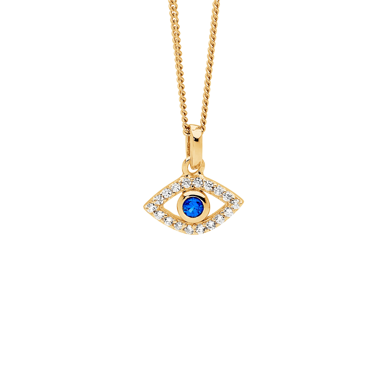 Sterling Silver with & blue CZ bezel set evil eye pendant  with gold plating