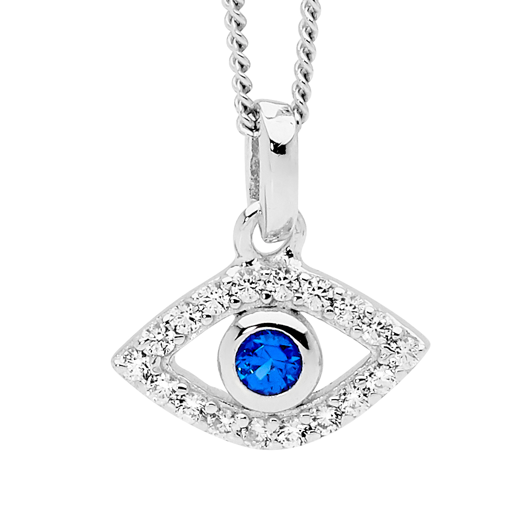 Sterling Silver with & blue CZ bezel set evil eye pendant
