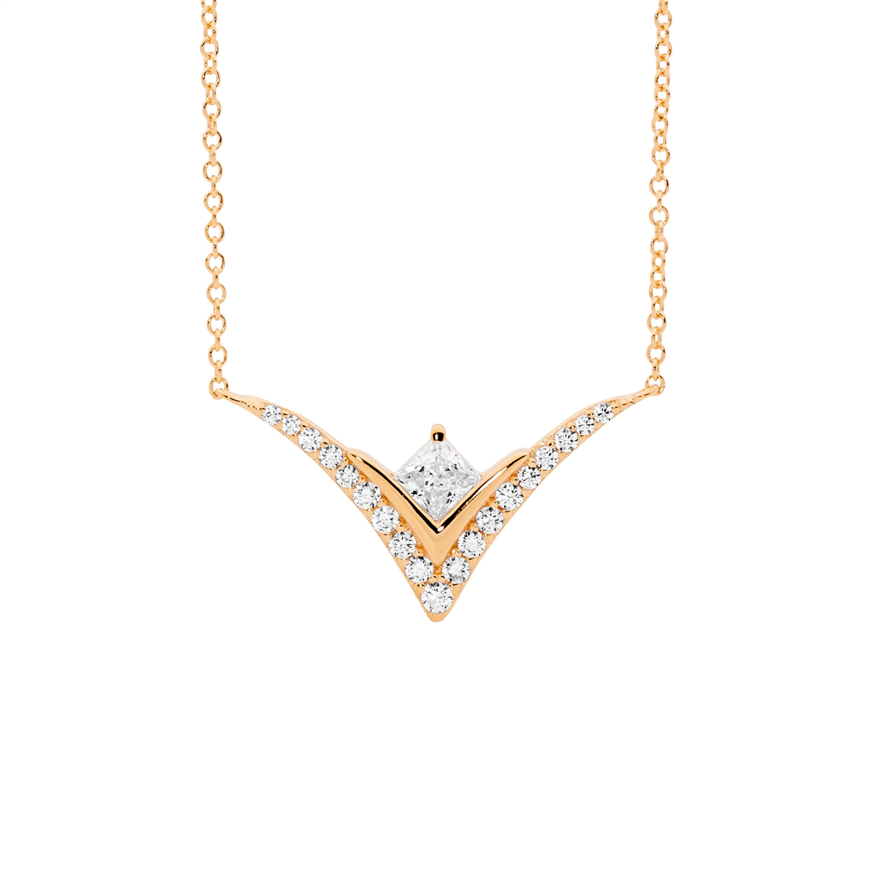 Sterling Silver White CZ Princess cut, V pendant  with attatched chain, rose gold plating