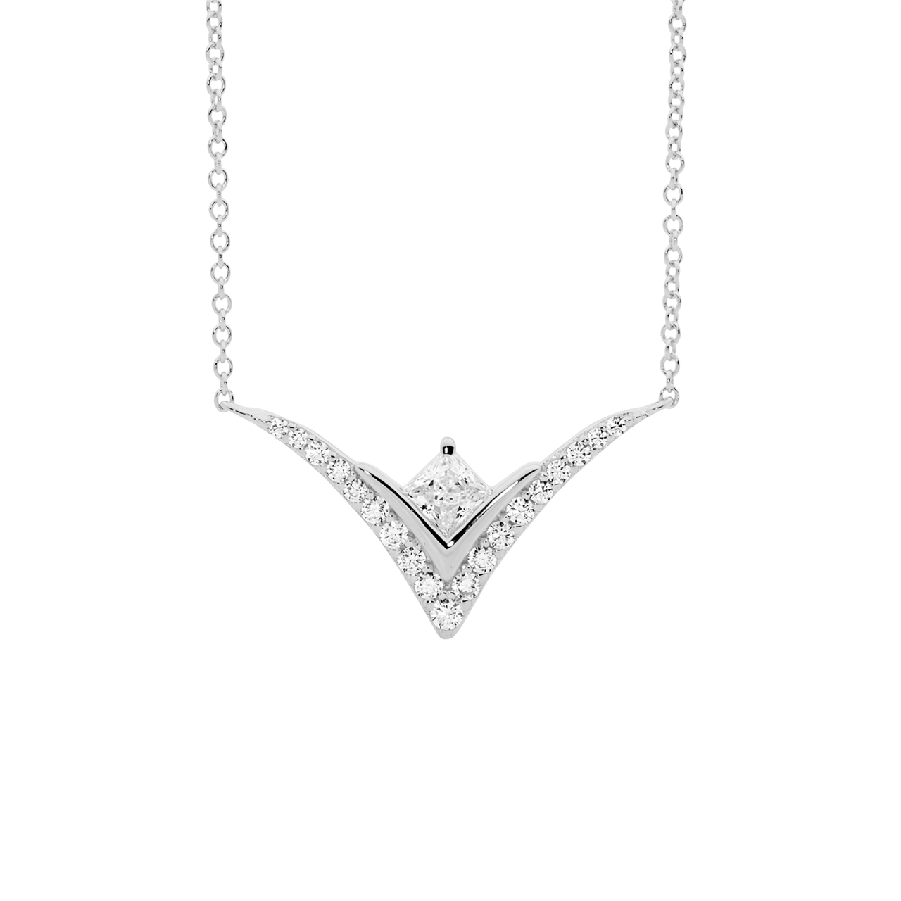 Sterling Silver White CZ Princess cut, V pendant  with attatched chain