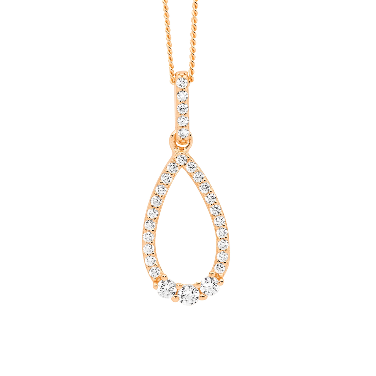 Sterling Silver White CZ open tear drop pendant,3x cz feature  with rose gold plating